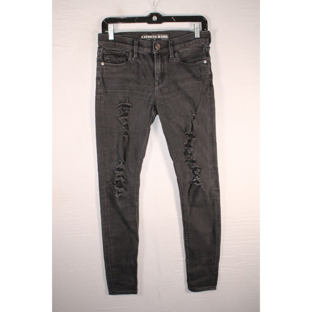 Express Jeans Legging Womens 2R Black Distressed Ripped Mid Rise Pants Faded